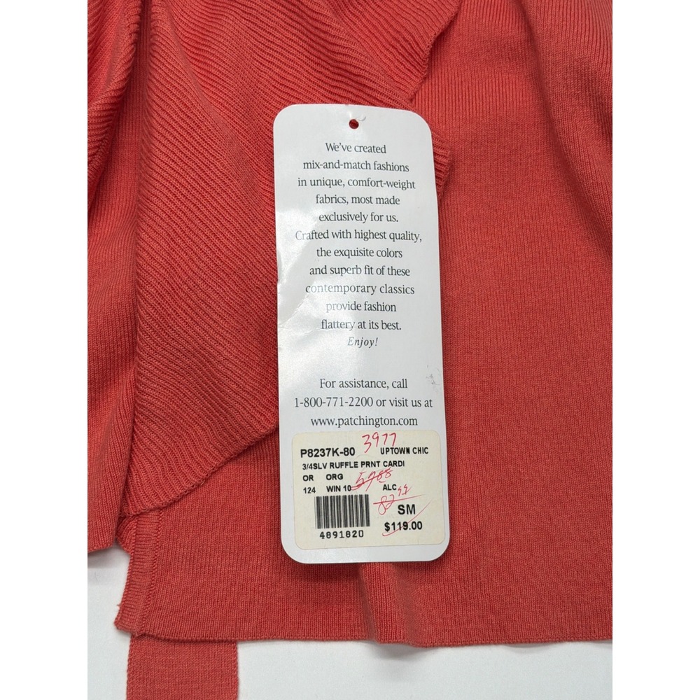 Sharon Young Womens Coral Silk Ruffle Front Ribbed 3/4 Sleeve Cardigan Small NWT - Picture 8 of 11